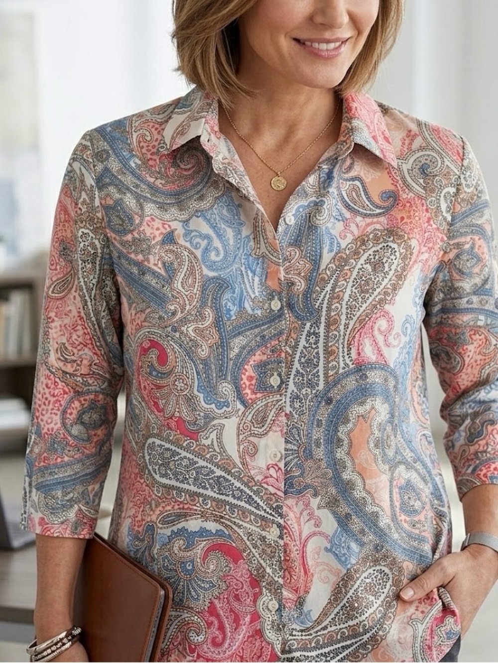 Chico's No-Iron 100% Cotton Paisley Button Down Shirt - Size 3 (XL)